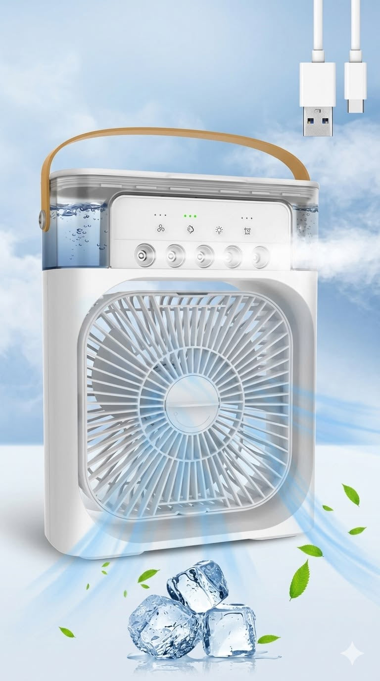 Portable Mist Cooling Fan With Water Spray, 3 Speed Airflow, 750ml Water Tank, LED Light & Timer – Desktop Personal Air Cooler Fan