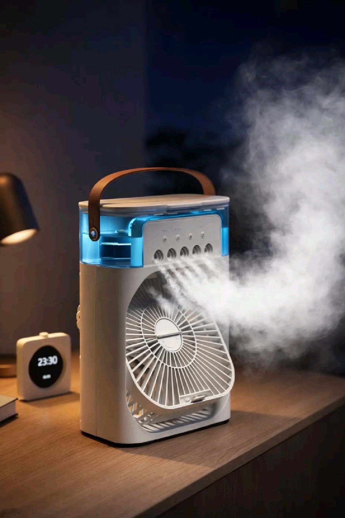 Portable Mist Cooling Fan With Water Spray, 3 Speed Airflow, 750ml Water Tank, LED Light & Timer – Desktop Personal Air Cooler Fan