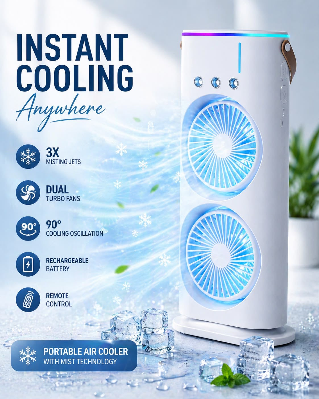 Cold Air Fan, 2026 New 3 Gears USB Rechargeable Oscillating fan with LED Light Cooler Fan, Touch & Remote Control, 280ml Water Tank, Ice Filling Fan (White)