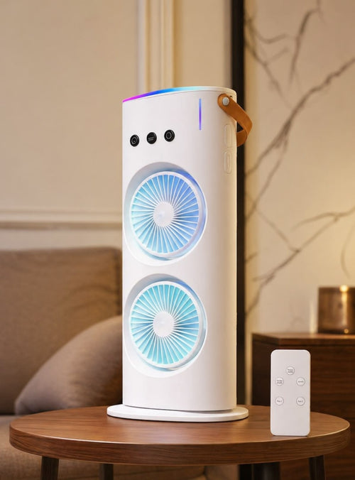 Cold Air Fan, 2026 New 3 Gears USB Rechargeable Oscillating fan with LED Light Cooler Fan, Touch & Remote Control, 280ml Water Tank, Ice Filling Fan (White)