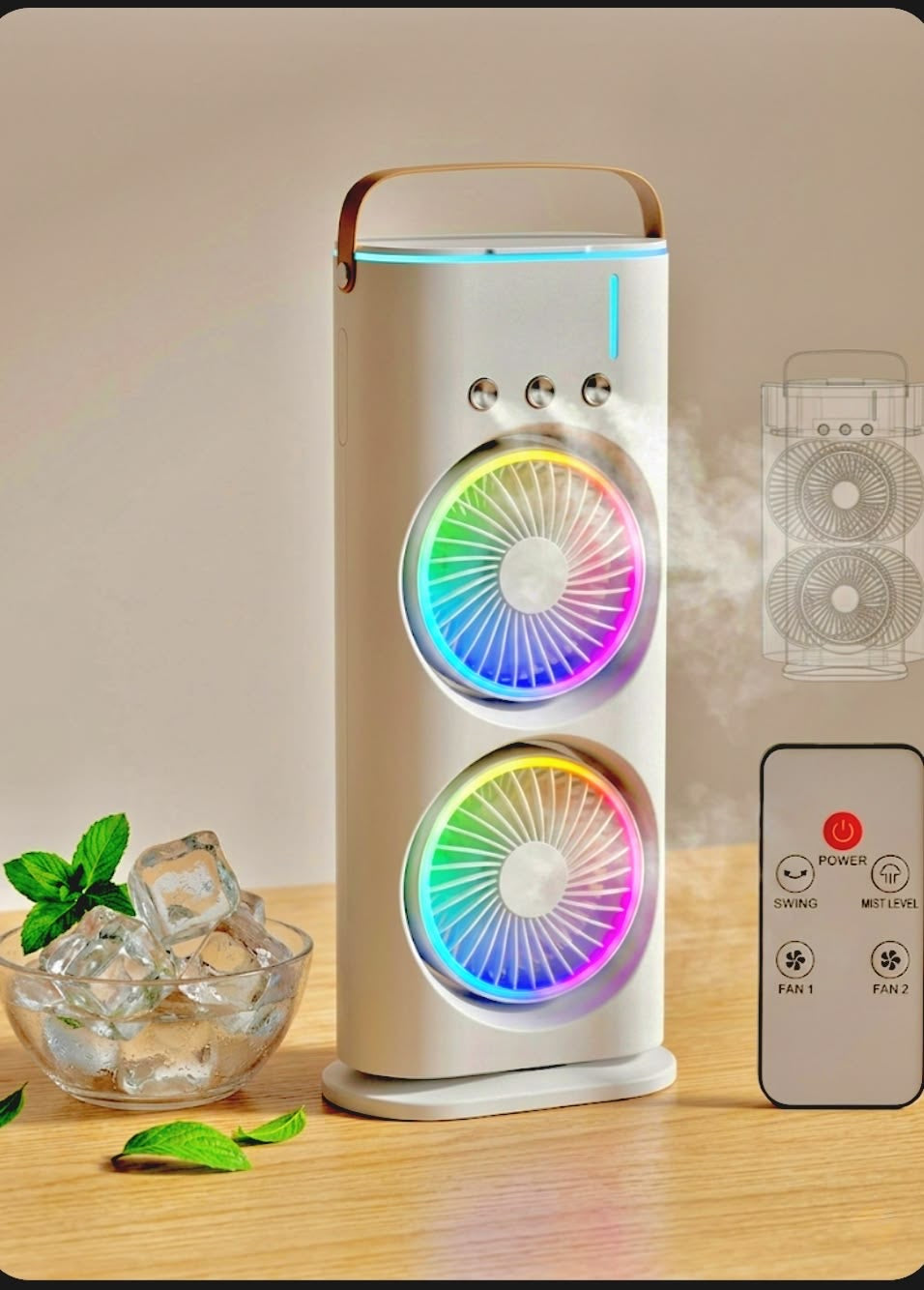 Cold Air Fan, 2026 New 3 Gears USB Rechargeable Oscillating fan with LED Light Cooler Fan, Touch & Remote Control, 280ml Water Tank, Ice Filling Fan (White)